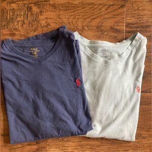 Polo Ralph Lauren Men Navy Blue & Light Blue V-neck Tee Shirt Red & Peach Pony